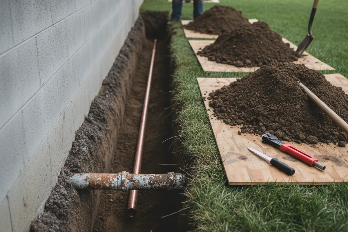Excavated water line trench during Sewer Line Repair in Cripple Creek